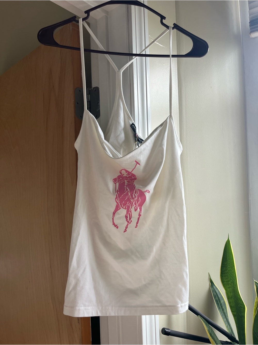 NWT Ralph Lauren Pink Pony White Built-In Bra Tank Top XL Cotton Stretch